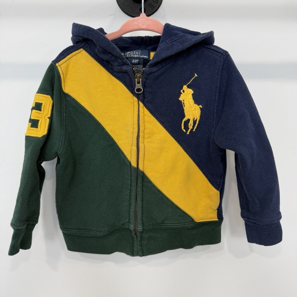 Vintage Polo Ralph Lauren Toddler 2T Big Pony Colorblock Zip Hoodie Sweatshirt